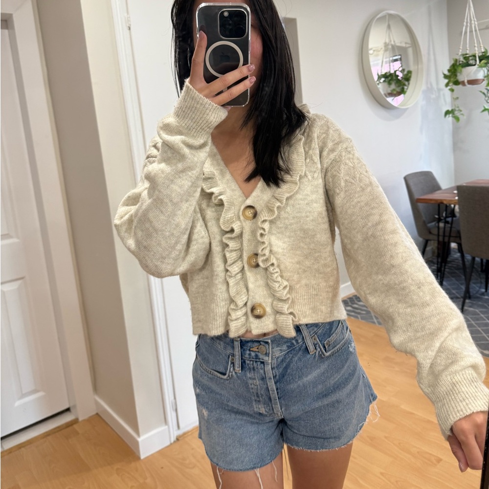 MANGO Cream Ruffled Cardigan Sweater